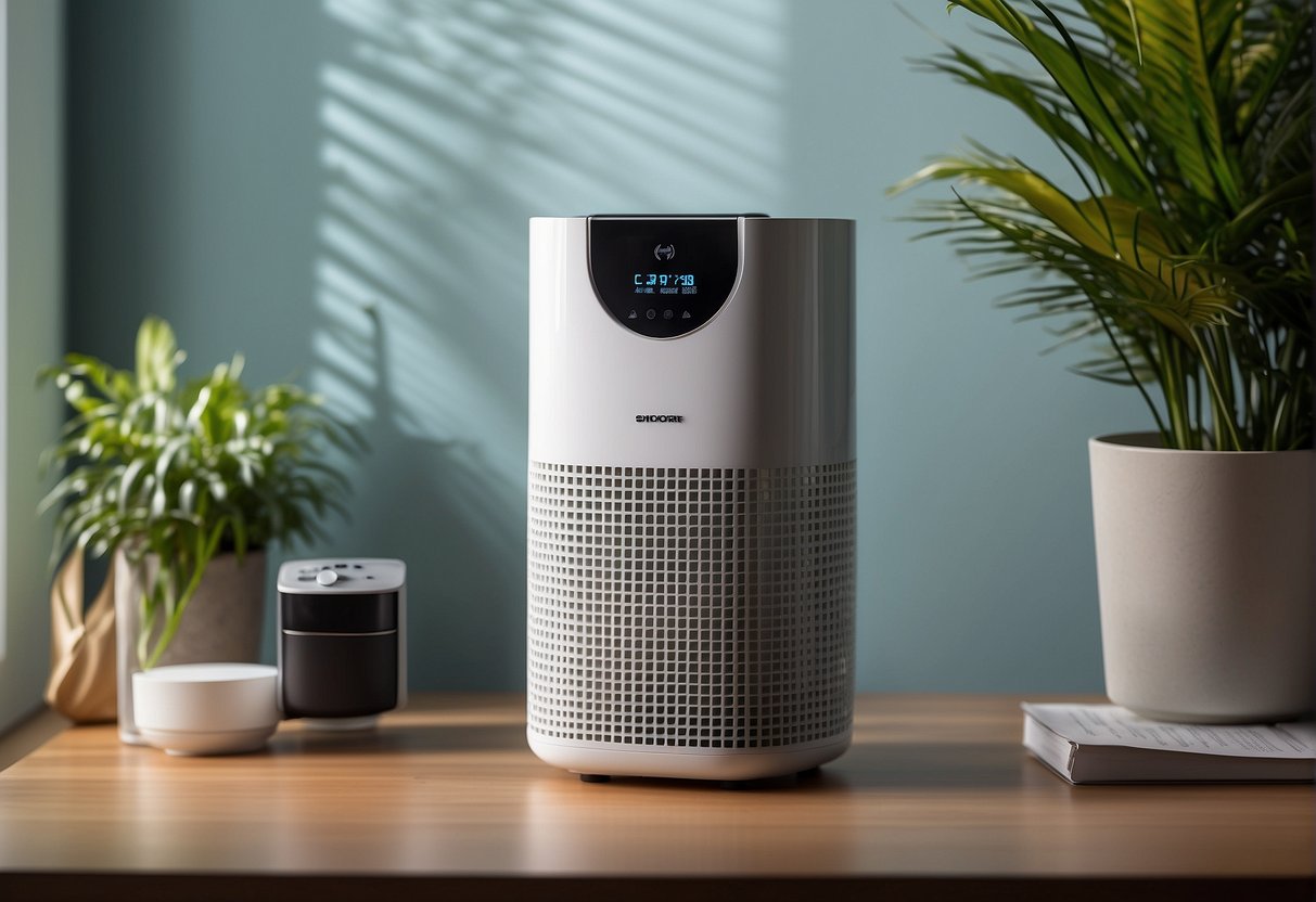An air purifier sits on a clean, modern table in a brightly lit room, surrounded by promotional materials and a banner advertising discounts in Singapore