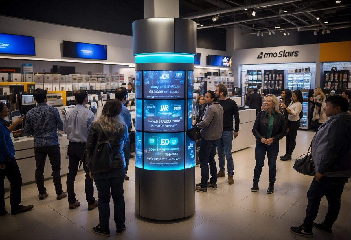 A crowded electronic store displays top air purifiers with vibrant promotional signs. Customers gather around, pointing and discussing the exciting new deals