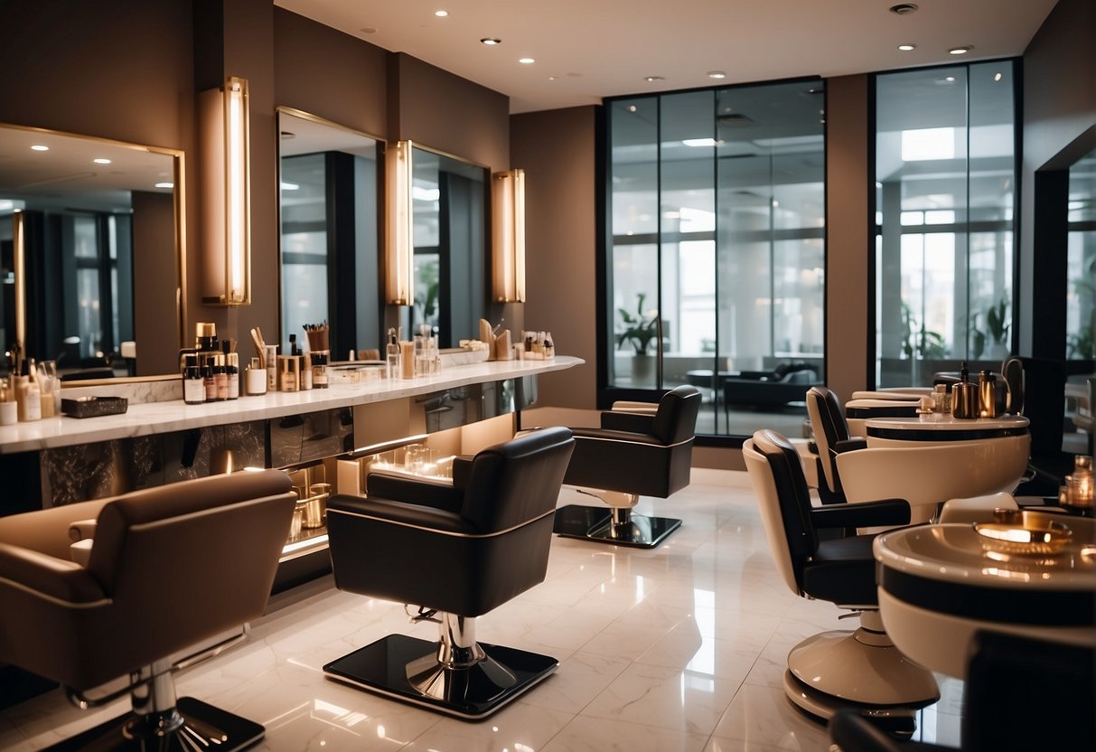 A luxurious beauty salon with elegant decor and relaxing ambiance, showcasing exclusive beauty and wellness packages on a promotional display