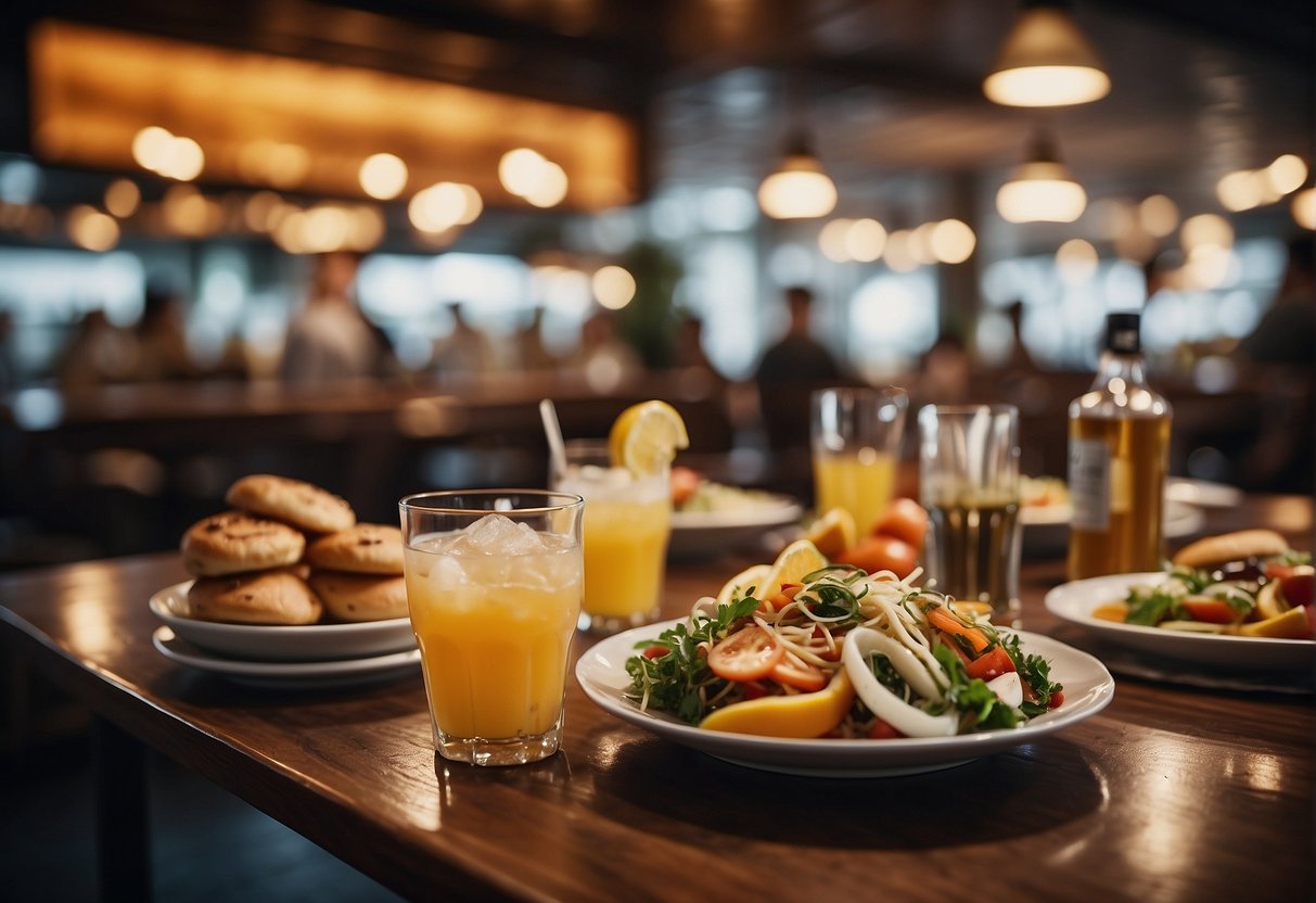 A table with various dishes and drinks, with a prominent credit card displayed, surrounded by promotional signs and happy customers