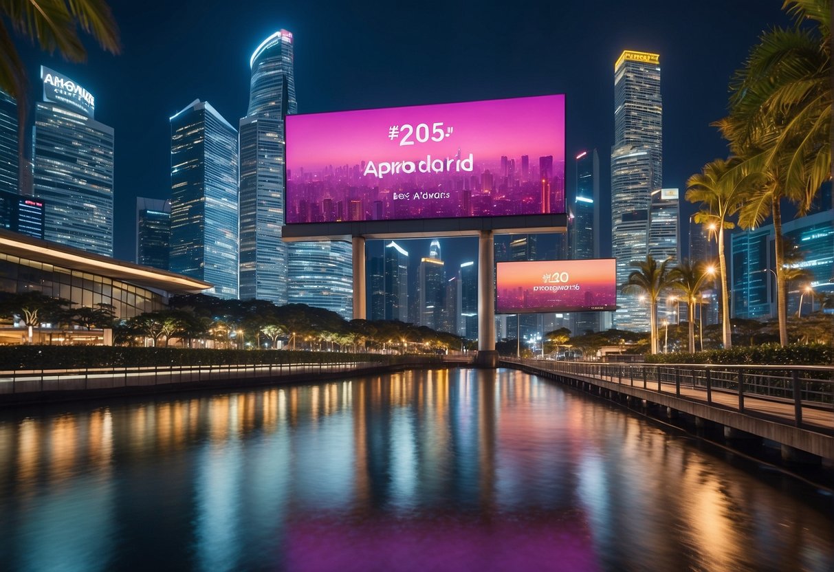 A bustling city skyline with colorful billboards showcasing "2024 Adwords Promotions" in Singapore