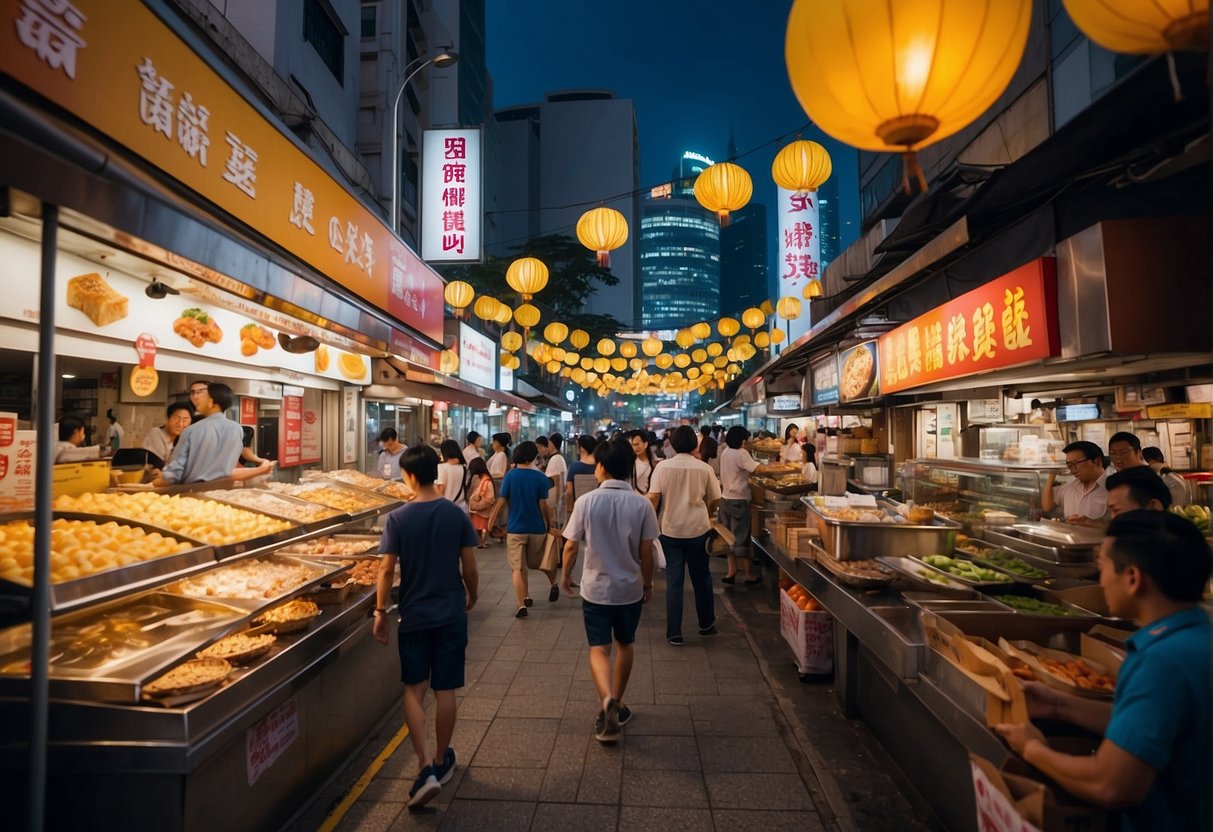 A bustling street in Singapore with colorful banners advertising 12 food promotions. A mix of local and international cuisines on display