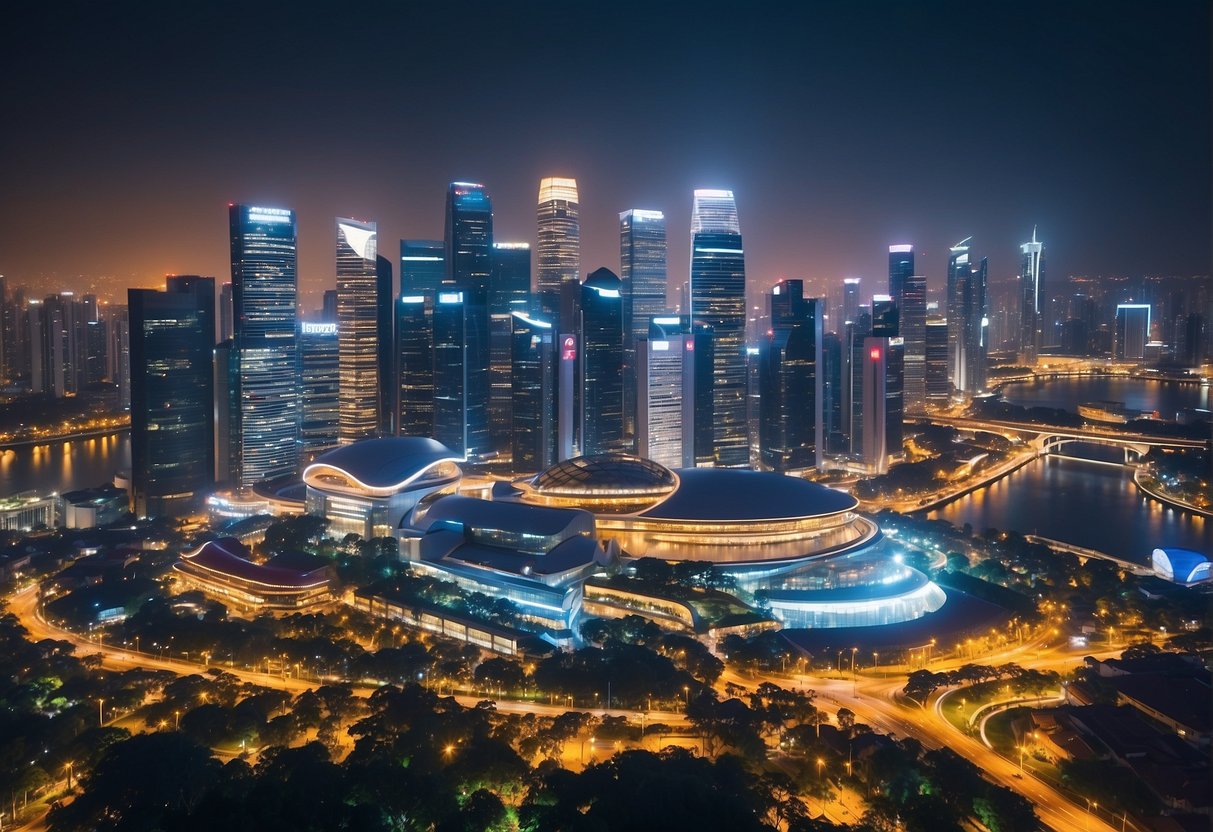 A vibrant city skyline with iconic landmarks of Singapore, overlaid with bold and attention-grabbing Google Ads promoting adwords services