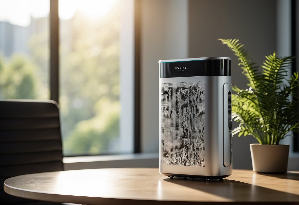 An air purifier sits on a clean, modern desk in a bright, airy room. Sunlight streams in through the window, highlighting the sleek design and advanced technology of the device