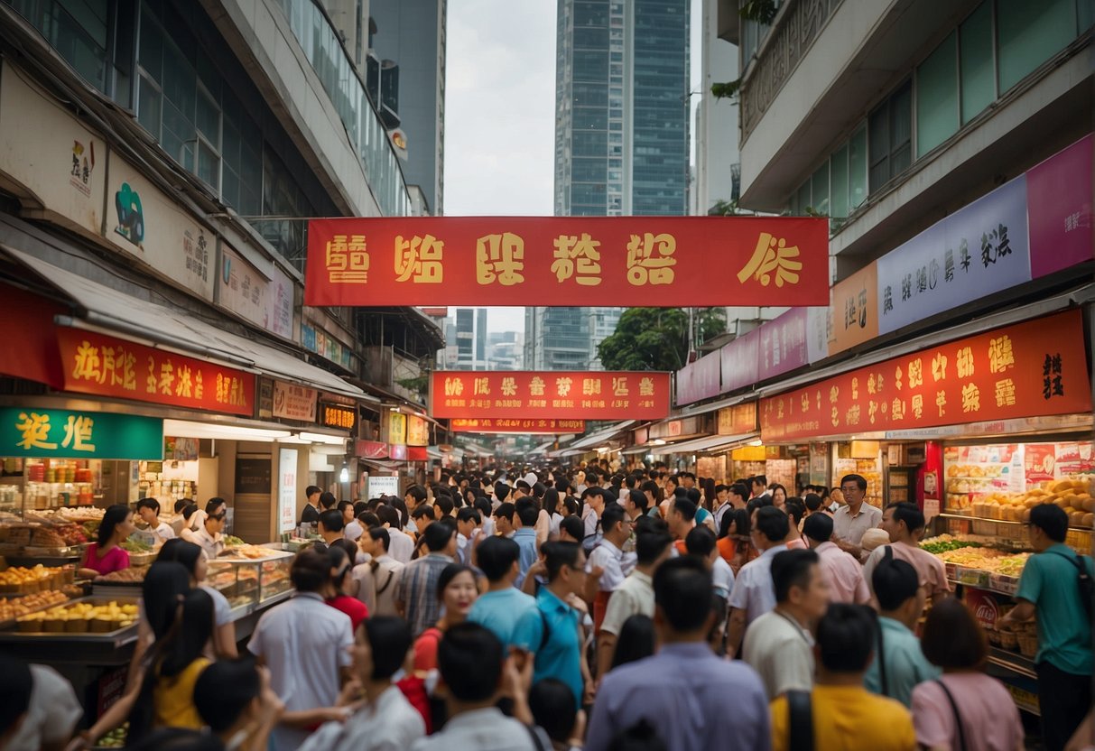 A crowded street in Singapore with colorful banners and signs advertising exclusive retail promotions for 12 12 food promotions. The scene is bustling with activity and excitement