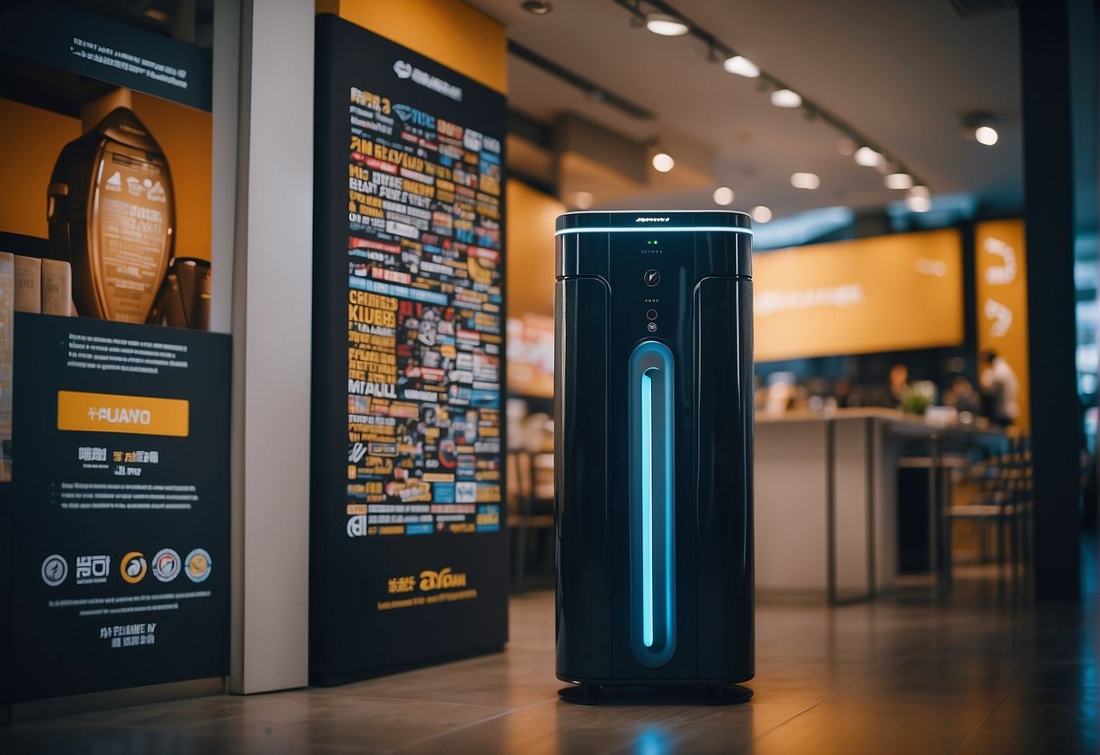 An air purifier surrounded by promotional banners and logos in Singapore