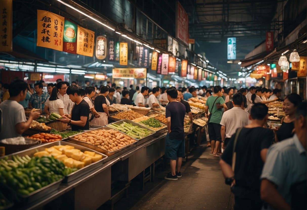 A bustling food market in Singapore, with colorful banners advertising promotions. Tables filled with diverse cuisines, and people eagerly sampling dishes