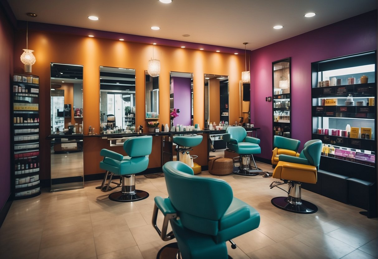 A colorful salon with promotional banners, a price list, and happy customers enjoying beauty treatments in Singapore