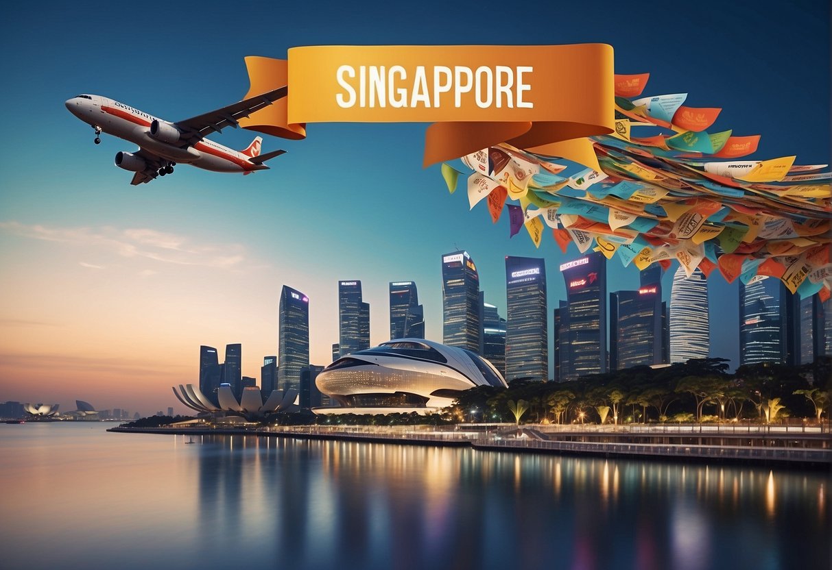 A vibrant Singapore skyline with an airplane flying overhead, surrounded by air ticket promotion banners and signs