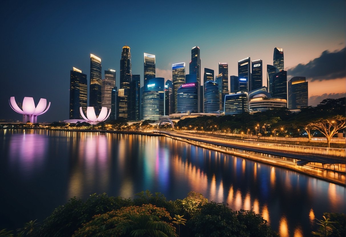 A vibrant cityscape of Singapore with iconic landmarks and the Accor Hotels logo prominently displayed in the skyline