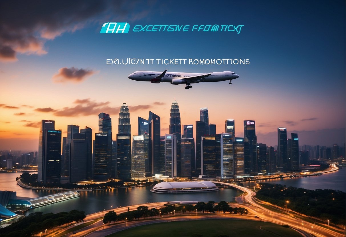 A vibrant city skyline with a prominent airplane flying overhead, surrounded by bold text reading "Exclusive Promotions for 2024 air ticket promotions Singapore"