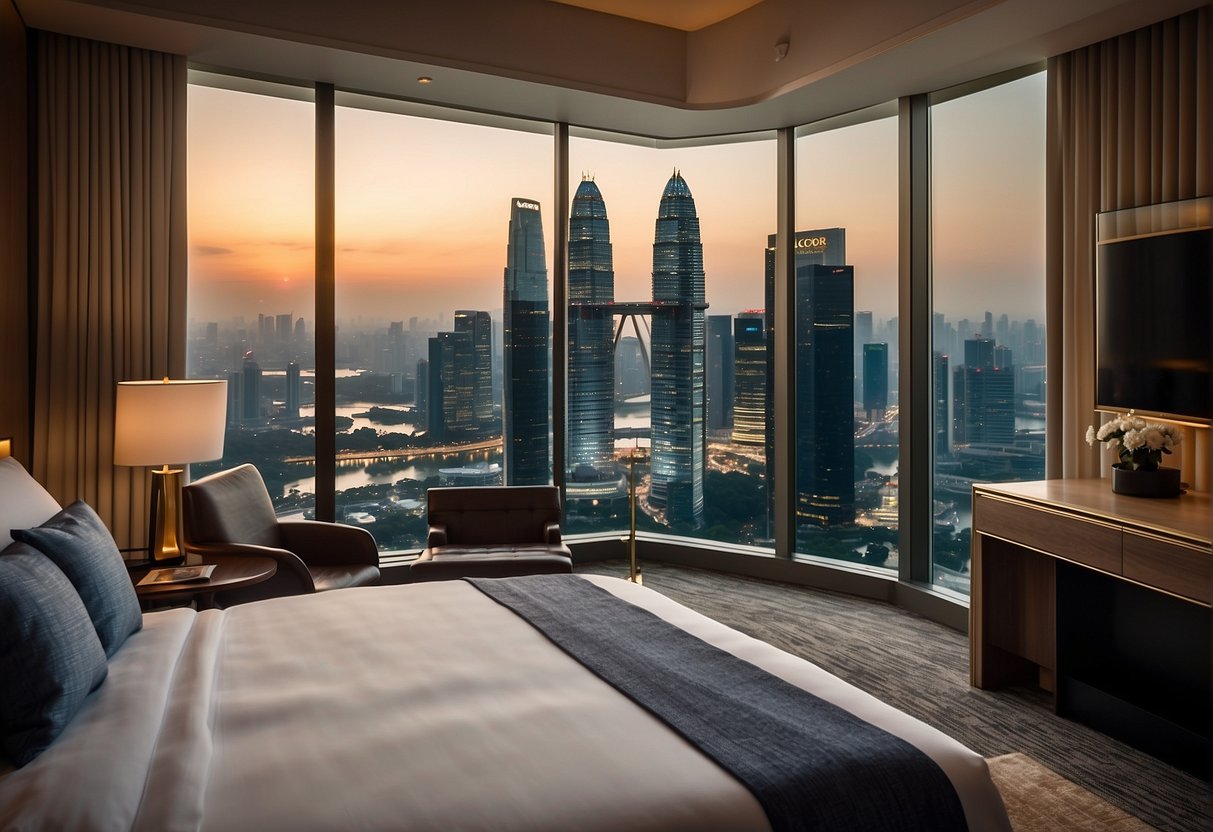 A luxurious hotel room with a stunning view of the Singapore skyline, showcasing the Accor Hotels logo and the exclusive 2024 promotions in an elegant display