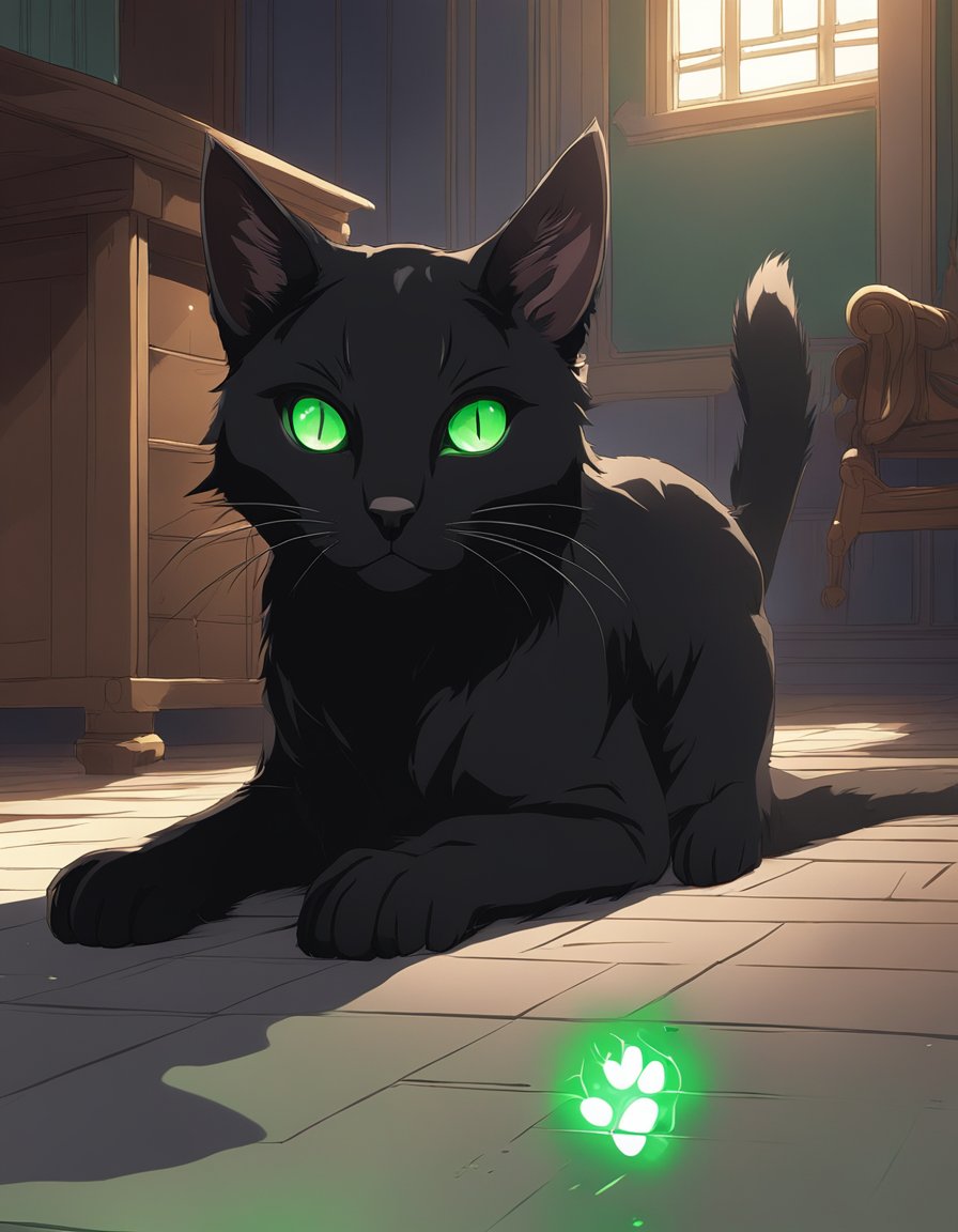 A black cat with bright green eyes examines a bloodstained paw print on the floor of a dimly lit room