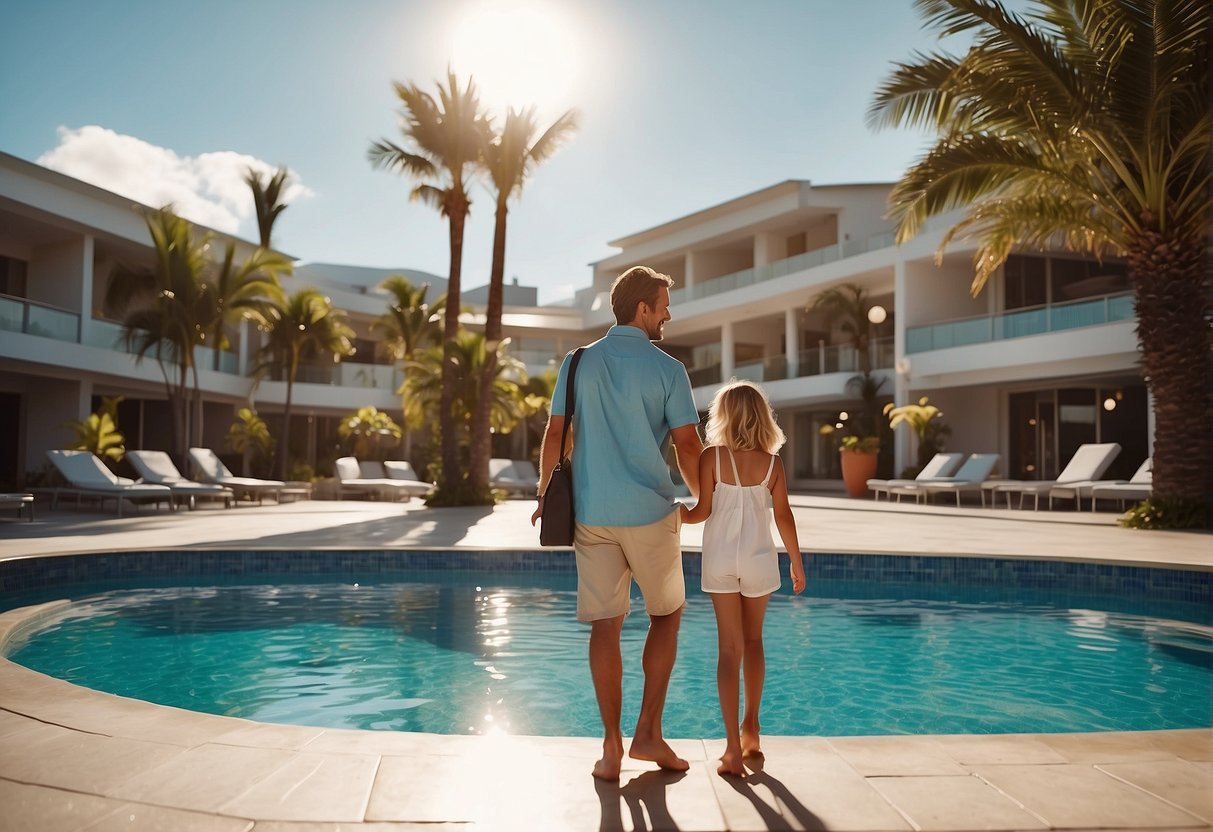A happy family checking into a modern hotel, surrounded by palm trees and a sparkling pool, with a sign displaying "Latest Offers for Families and Leisure Travellers" in bold letters