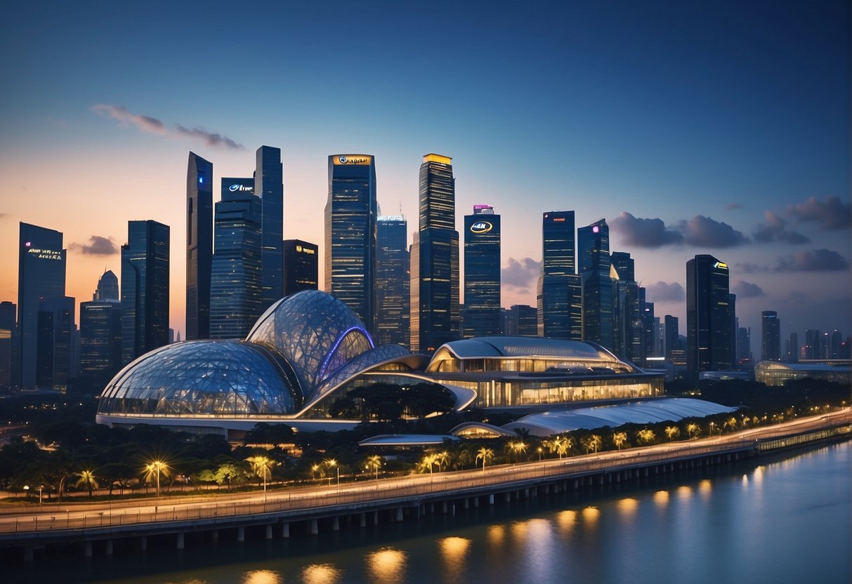 A vibrant cityscape of Singapore with prominent landmarks and the iconic All Nippon Airways logo displayed on billboards and digital screens