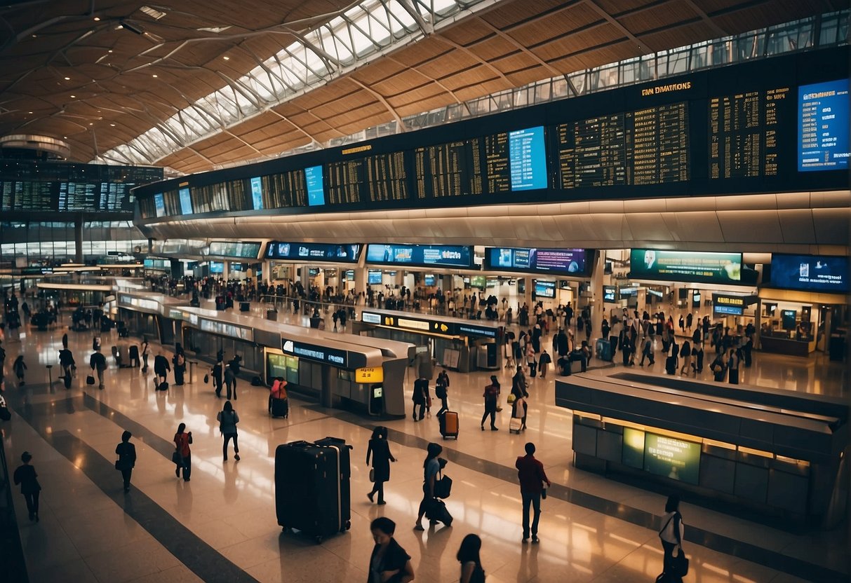 A bustling airport terminal filled with travelers, luggage, and departure boards, with prominent displays advertising "Destinations Highlights for 2024 air ticket promotions Singapore."