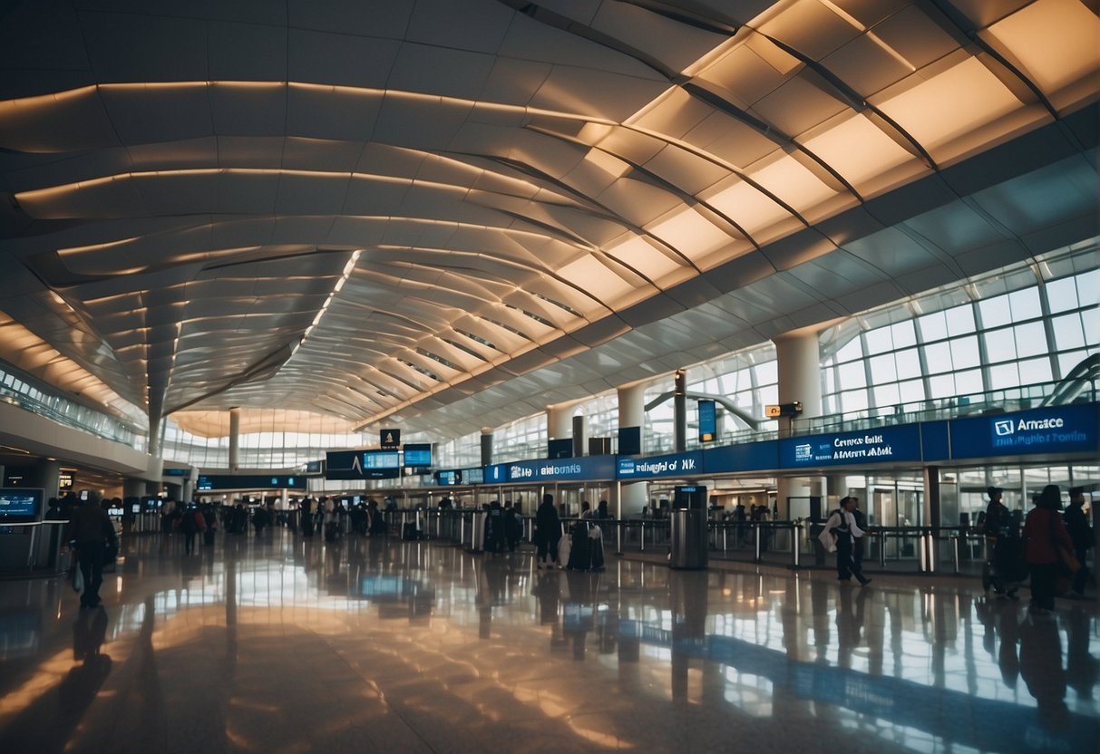 A vibrant airport terminal with ANA Flight Promotions banners and excited passengers boarding planes