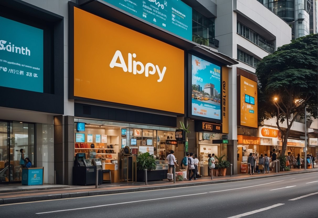 A vibrant street scene in Singapore with colorful Alipay promotions displayed on storefronts and billboards