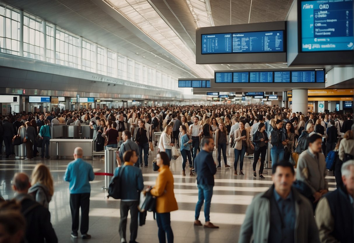 A crowded airport terminal with people lining up at airline ticket counters, promotional banners displayed overhead, and a bustling atmosphere