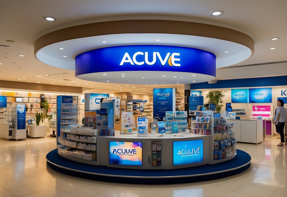 A vibrant display of Acuvue promotions in Singapore, featuring colorful banners and eye-catching product showcases