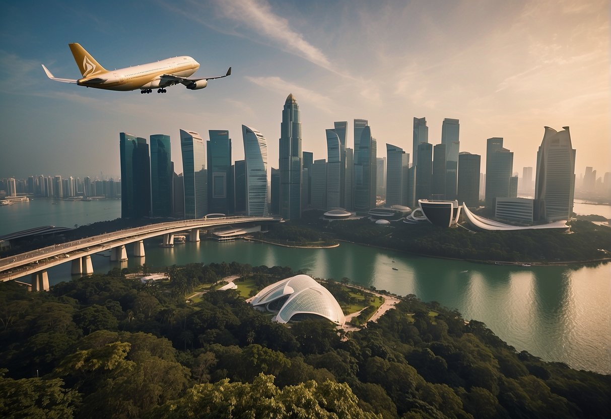 A luxurious airplane flying over the iconic skyline of Singapore, with the famous Marina Bay Sands and Gardens by the Bay visible in the background