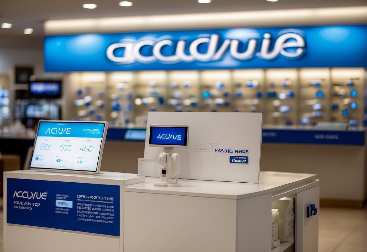A display of Acuvue contact lenses with promotional banners and prices at a Singapore optometry store