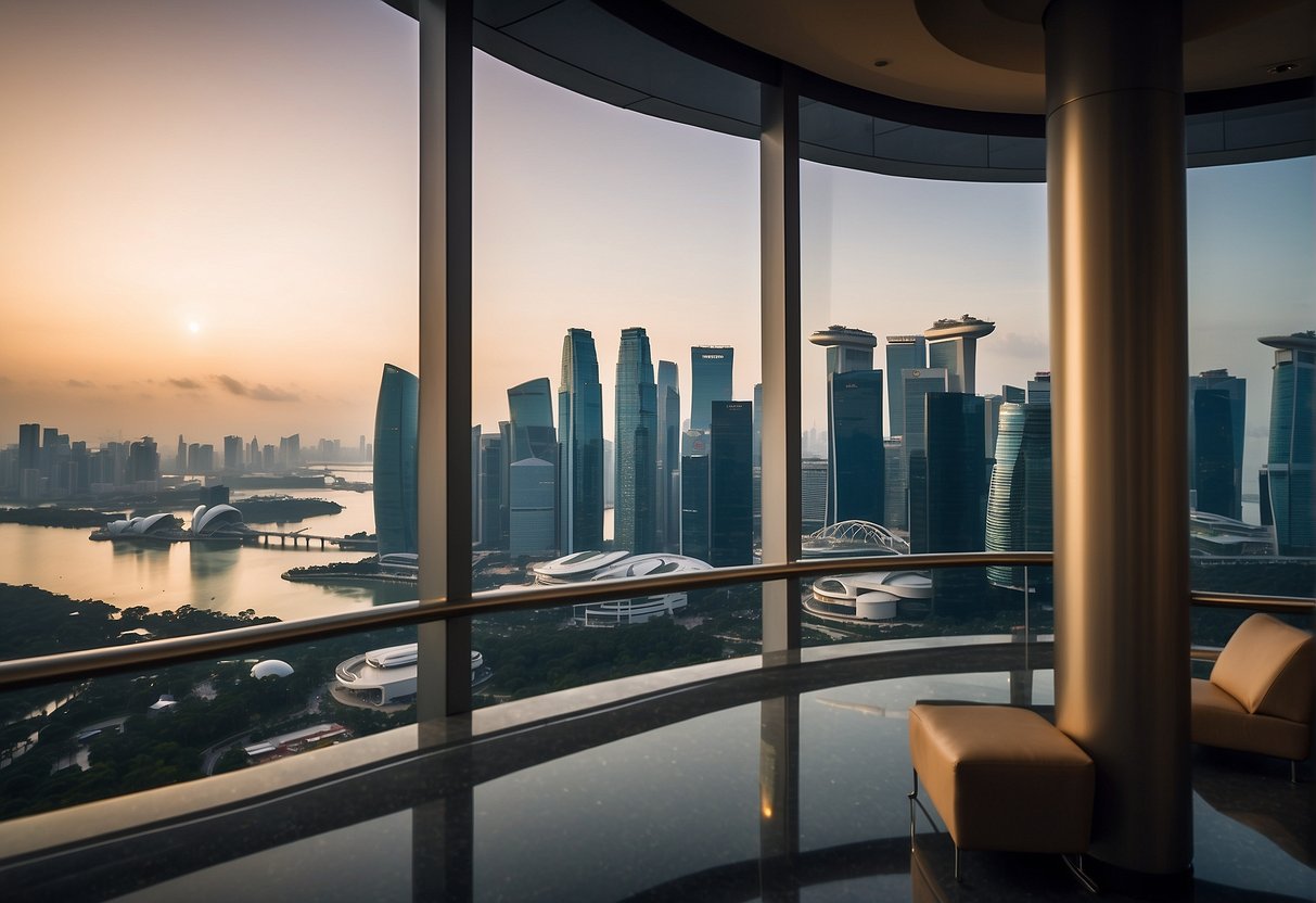 Accor Hotels promotions in Singapore: A vibrant cityscape with the iconic Marina Bay Sands, bustling streets, and a prominent Accor hotel in the background