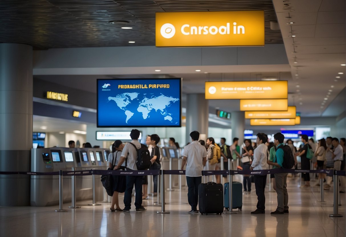 Passengers lining up at ANA promotions counter in Singapore airport. Signage and promotional materials displayed prominently. Excited travelers inquiring about deals