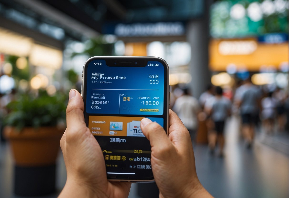 A smartphone displaying Alipay promotions in a bustling Singapore marketplace. Various payment methods and rewards are highlighted on the screen