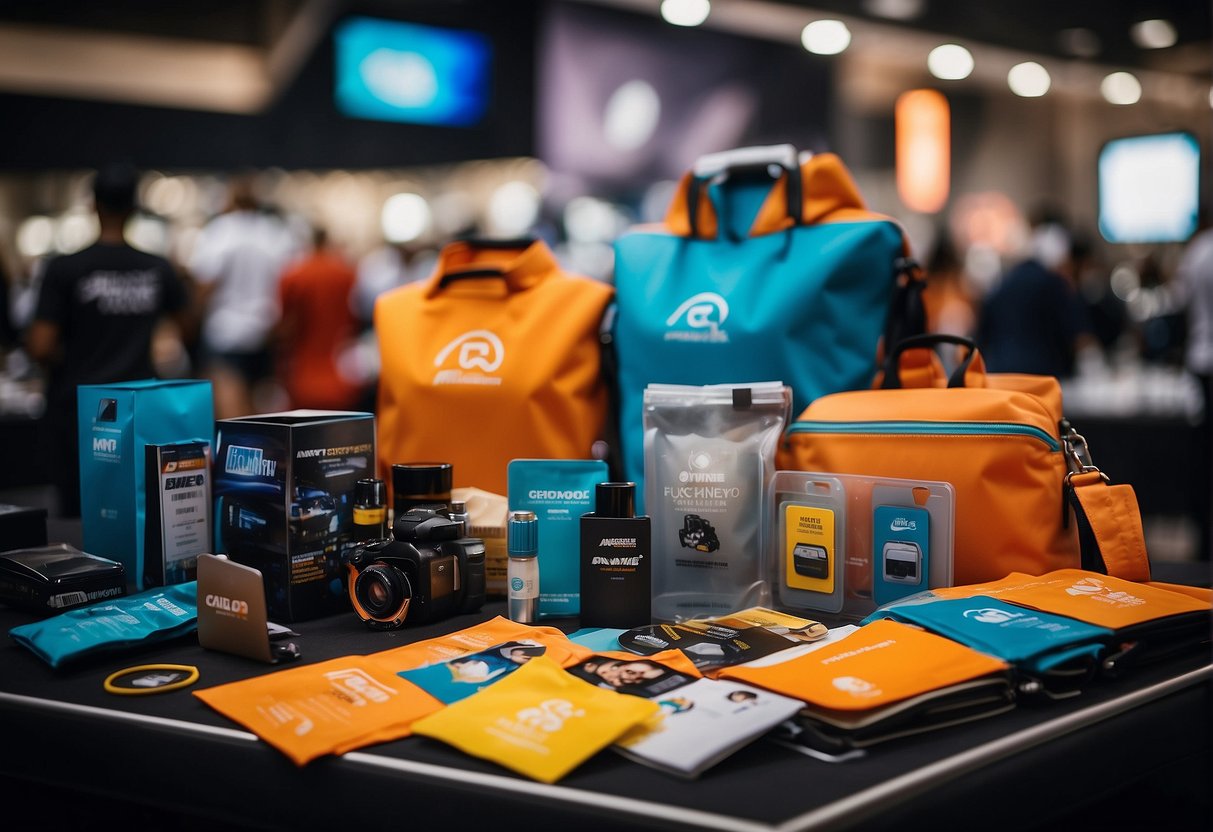 A colorful array of promotional products, including branded merchandise and marketing materials, are displayed at the Anywheel Promotions Singapore event