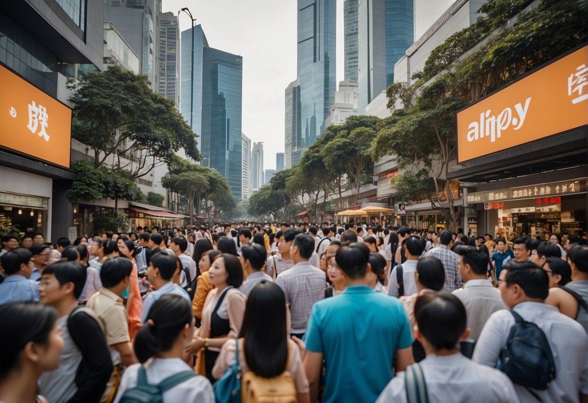 Alipay promotions in Singapore: A vibrant cityscape with Alipay logos displayed on billboards and digital screens, surrounded by bustling crowds and colorful storefronts