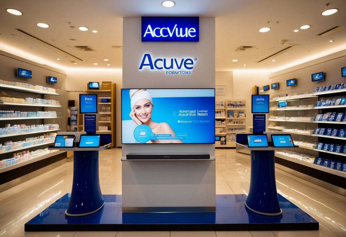 A promotional display featuring Acuvue products in a Singaporean store, with signage and information about the current promotions