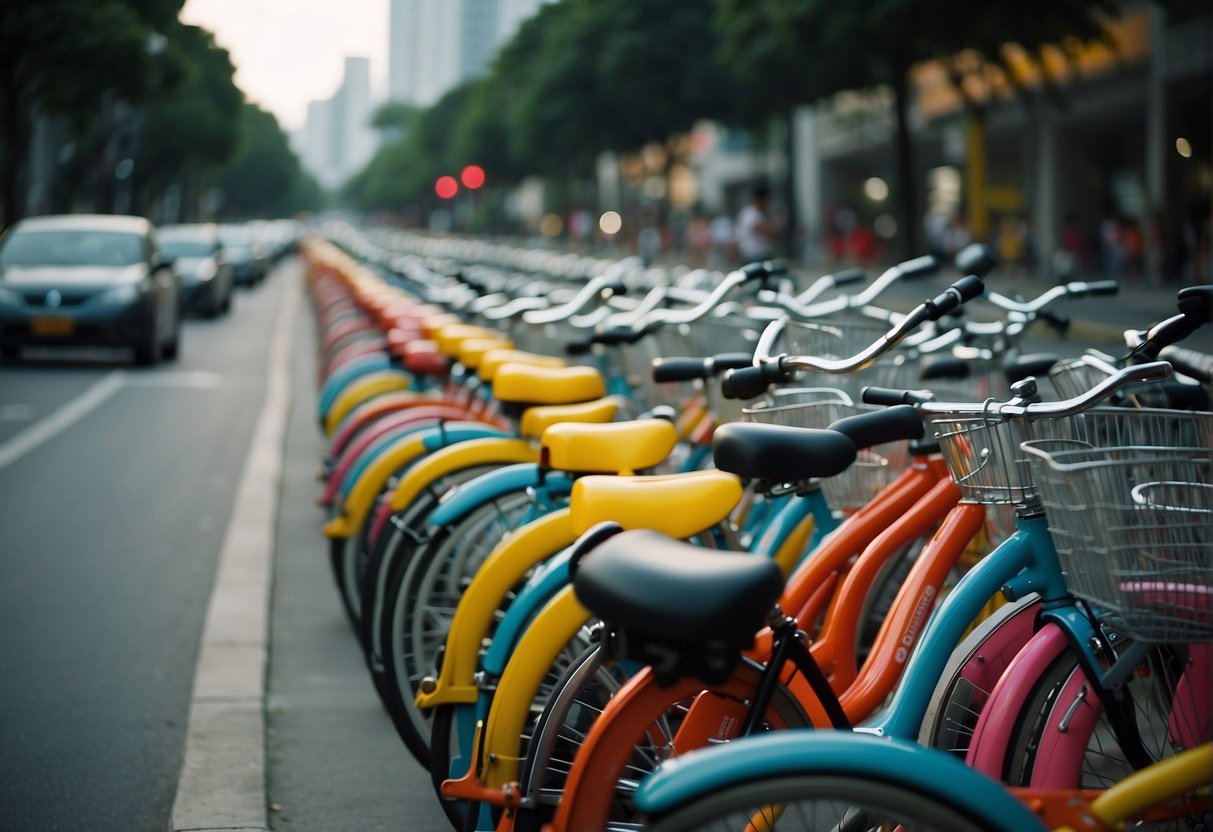 Brightly colored bicycles lined up in rows, with promotional banners and signs displayed nearby. People happily riding the bikes around Singapore's city streets