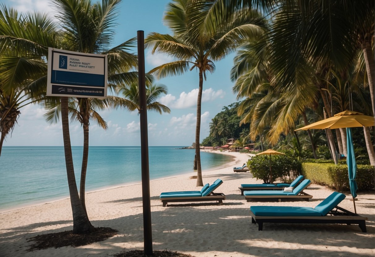 A vibrant beach resort in Bintan, Singapore with clear blue waters, palm trees, and a promotional banner