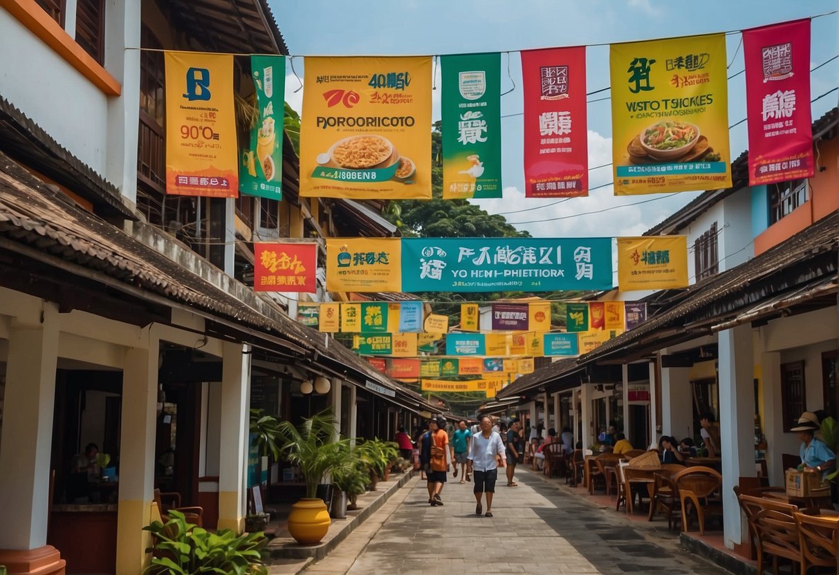 Vibrant banners and signs line the streets of Bintan, showcasing the best 2024 promotions. The colorful display exudes excitement and invites visitors to explore the enticing offers