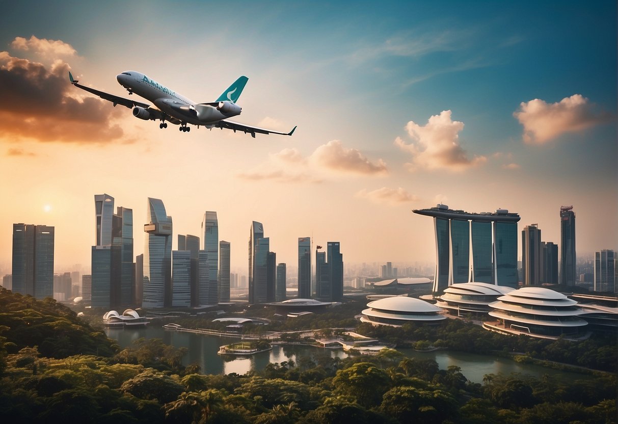 A vibrant city skyline with a prominent airplane flying overhead, surrounded by colorful promotional banners for air travel in Singapore