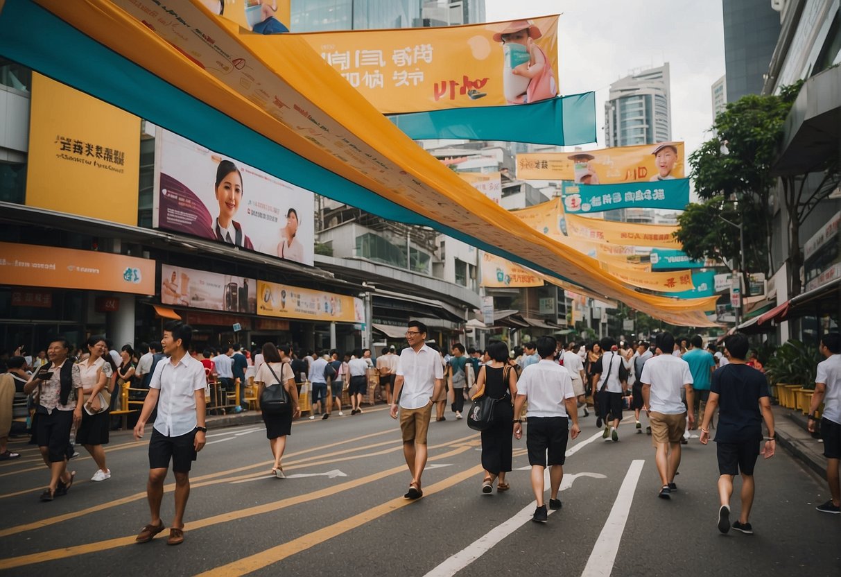 A bustling street in Singapore with colorful banners and lively promotional activities by ANZ