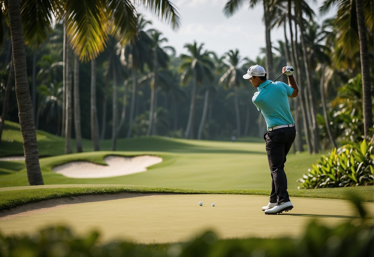 A golfer tees off on a lush green course, surrounded by tropical foliage and clear blue skies, taking advantage of exclusive deals in Bintan, Singapore