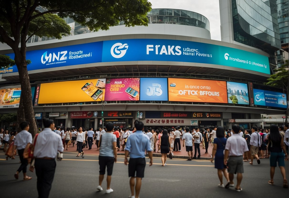 Brightly colored promotional banners and signs fill the bustling streets of Singapore, showcasing the latest deals and offers from ANZ