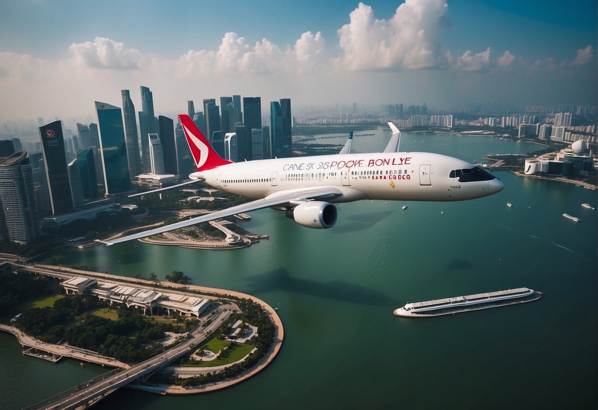 A plane flying over the iconic skyline of Singapore, with promotional banners and advertisements displayed on the aircraft