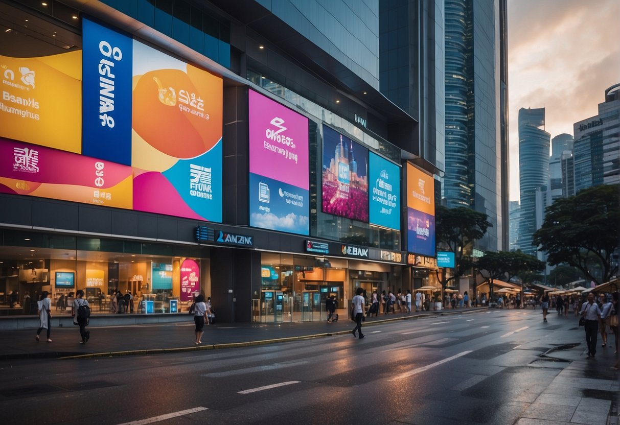 A vibrant cityscape with a prominent ANZ bank branch, surrounded by colorful banners and signs advertising various banking offers and deals in Singapore
