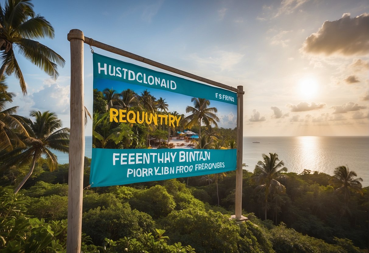 A colorful banner with "Frequently Asked Questions Bintan Promotion Singapore" displayed in bold letters, surrounded by tropical island scenery