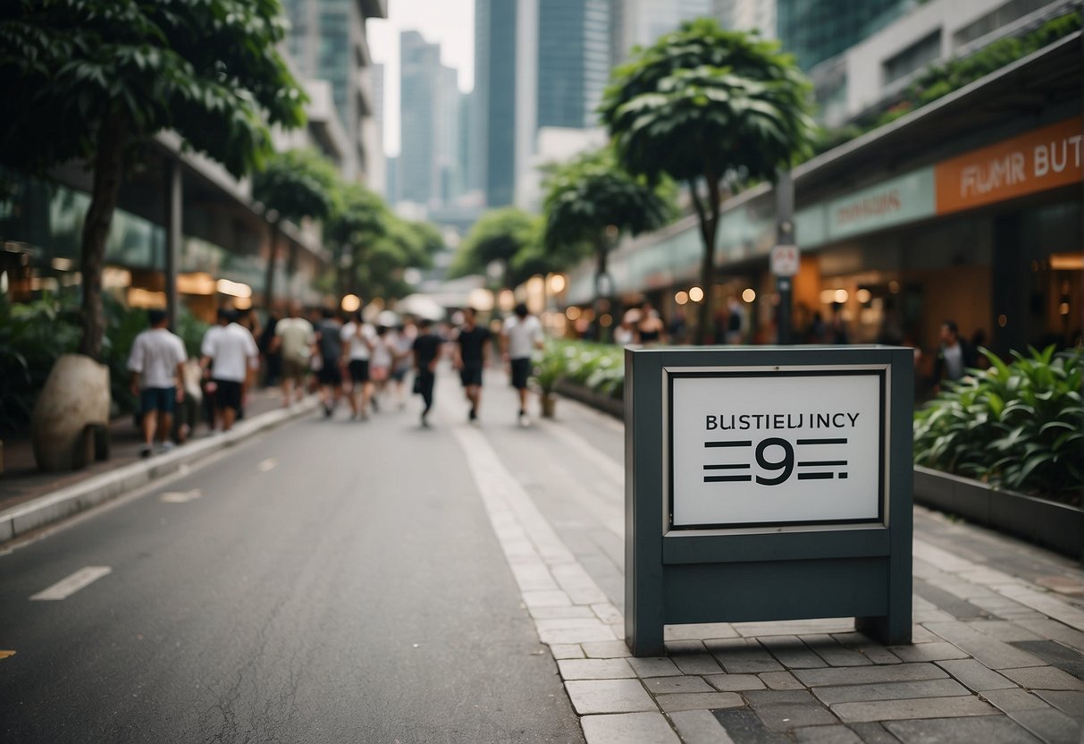 A bustling Singapore street with a prominent "Frequently Asked Questions" sign and various promotional displays