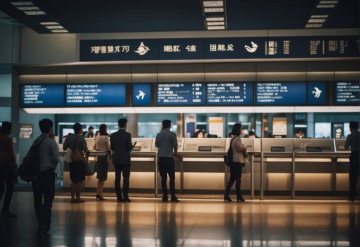 Passengers lining up at a ticket counter, with a sign above reading "Frequently Asked Questions air flight promotions singapore"