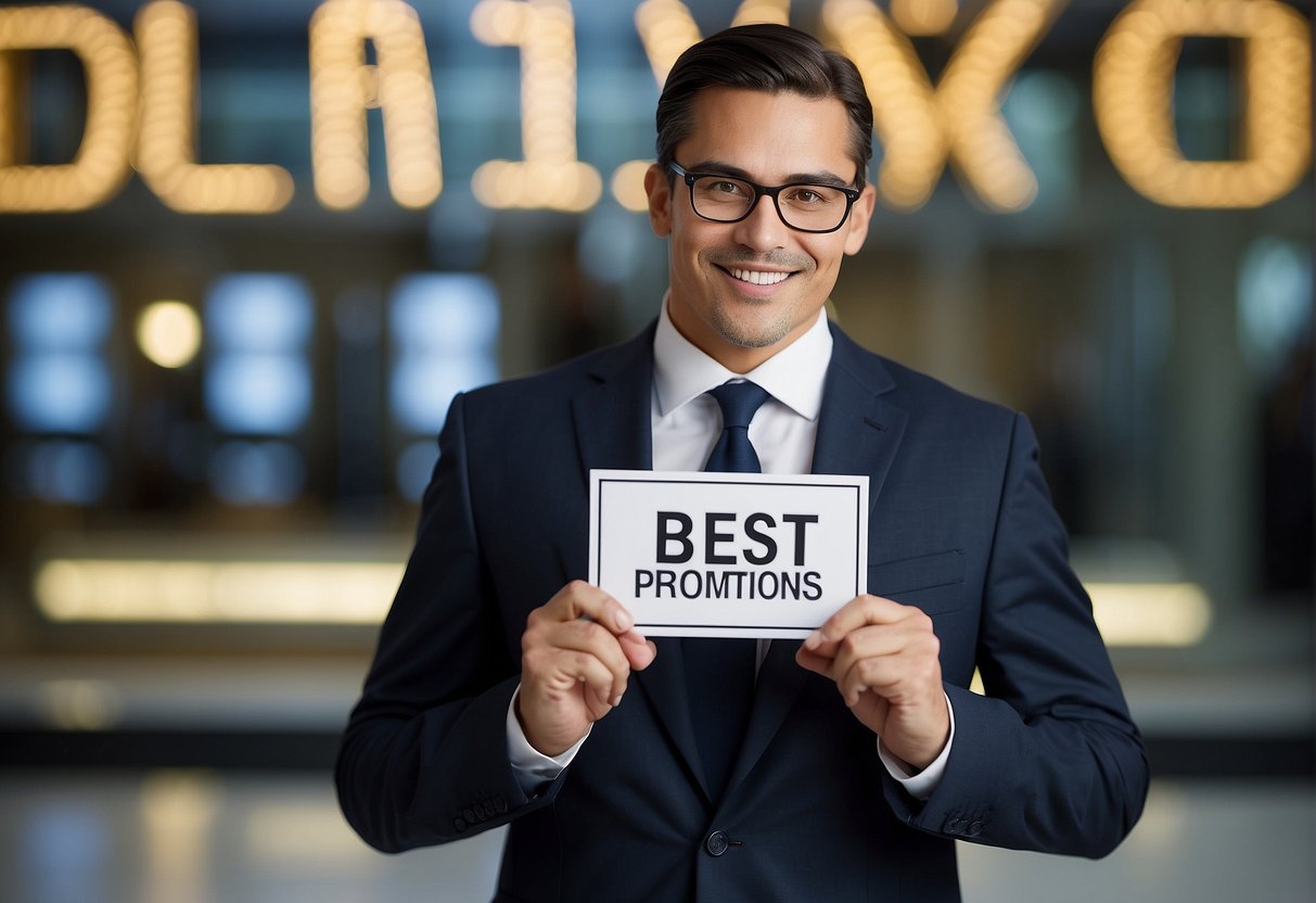 A bank teller presenting a large sign with "Best Promotions" and "Savings and Fixed Deposit Promotions" written in bold letters