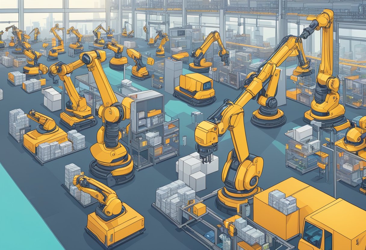 Robotic arms assemble products on a factory line, while drones deliver packages in a bustling city. Self-driving vehicles transport goods, and AI analyzes data in a high-tech office