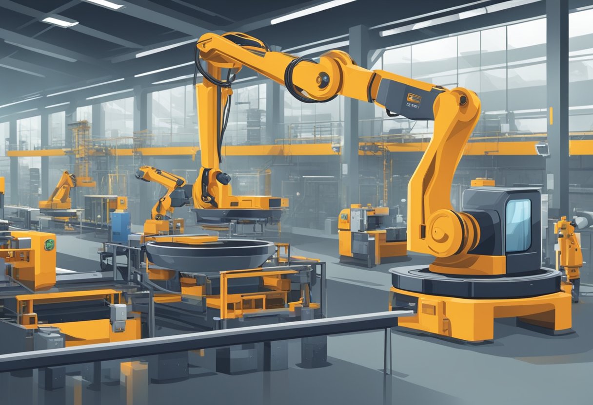 Machines working in factories, assembly lines, and warehouses. Conveyor belts moving products. Robots performing tasks. Technology integrated into various industries