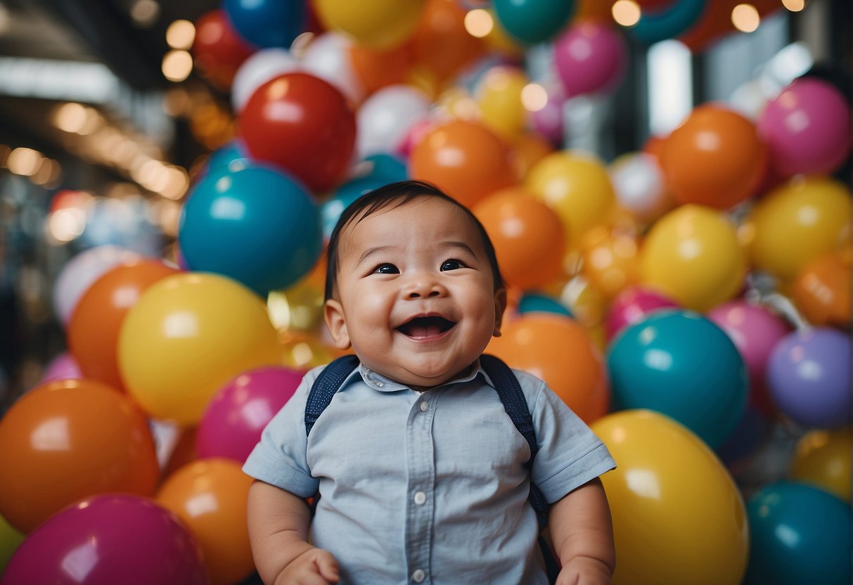 A smiling baby surrounded by colorful promotional materials in Singapore