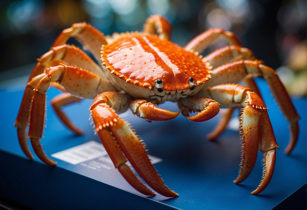 A large Alaskan king crab being showcased on a vibrant promotional display in a bustling Singapore market