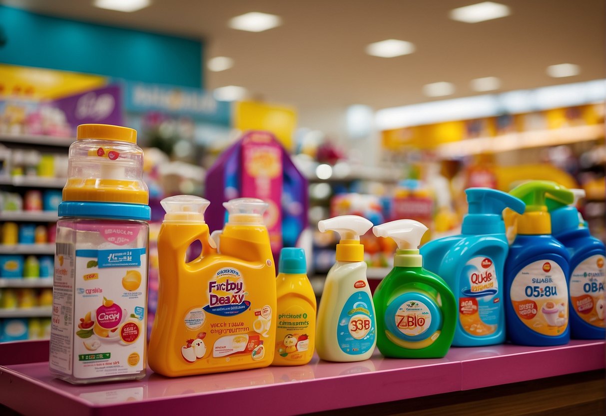 A colorful display of baby products with promotional signs and banners, showcasing the latest deals and offers in a Singaporean store